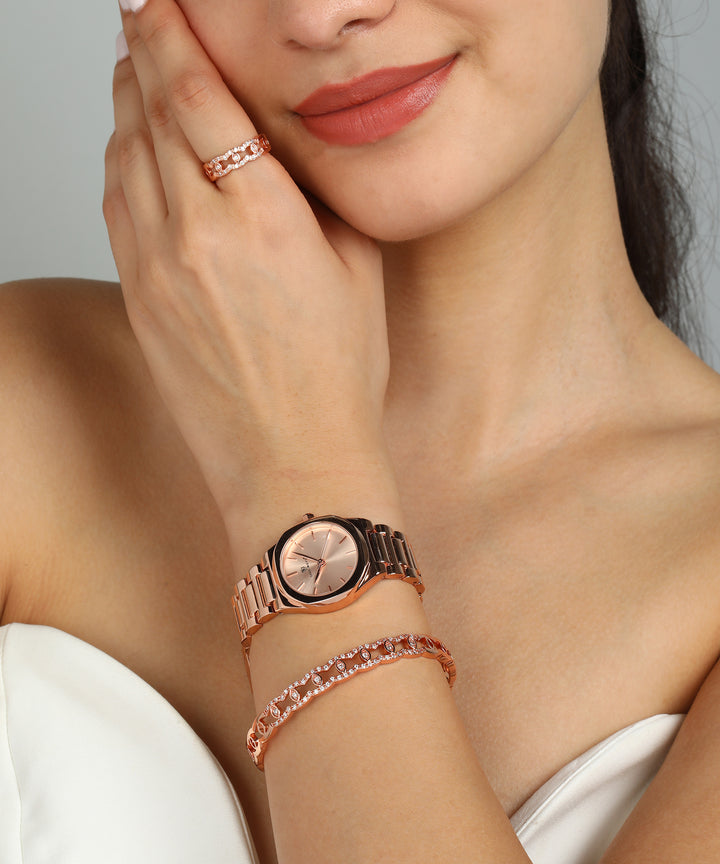 Sansimayo Women’s Rose Gold Watch with Bangle & Ring Set – Crystal Egyptian Stone