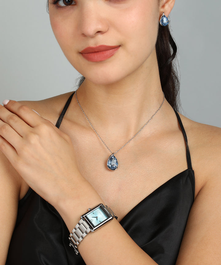 Sansi Mayo Women’s Watch & Jewellery Gift Set — Silver with Sky Blue Dial & Egyptian Stone