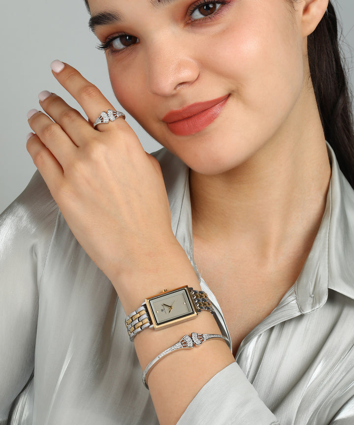 Sansi Mayo Women’s Watch, Bangle & Ring Gift Set — Two-Tone Silver Gold with Grey Dial & Crystal Egyptian Stone
