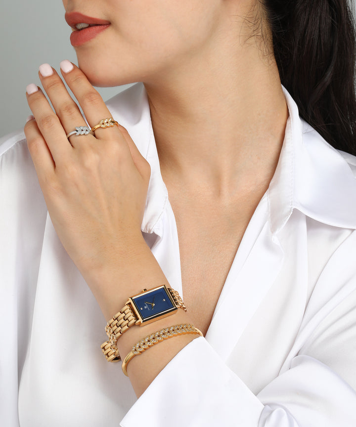 Sansi Mayo Women’s Watch, Bangle & Ring Gift Set — Gold Stainless Steel with Blue Dial & Crystal Egyptian Stone