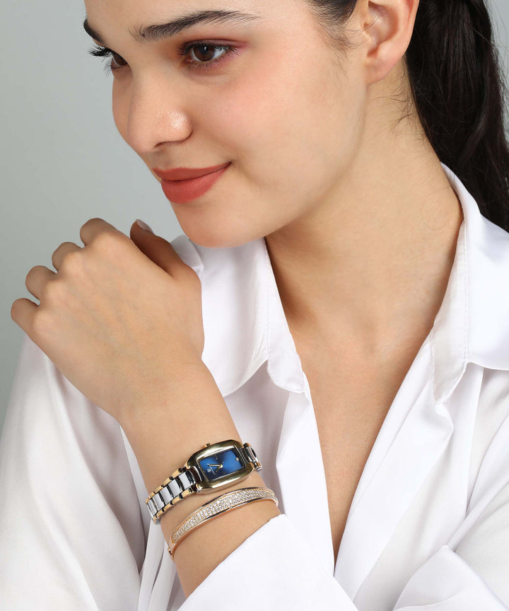 Sansimayo Women’s Rectangle Blue Dial Watch with 2 Bracelet Set – Two Tone Silver Gold