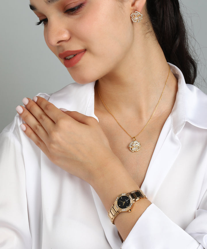 Sansi Mayo Women’s Watch & Jewellery Gift Set — Gold with Black Dial & Egyptian Stone