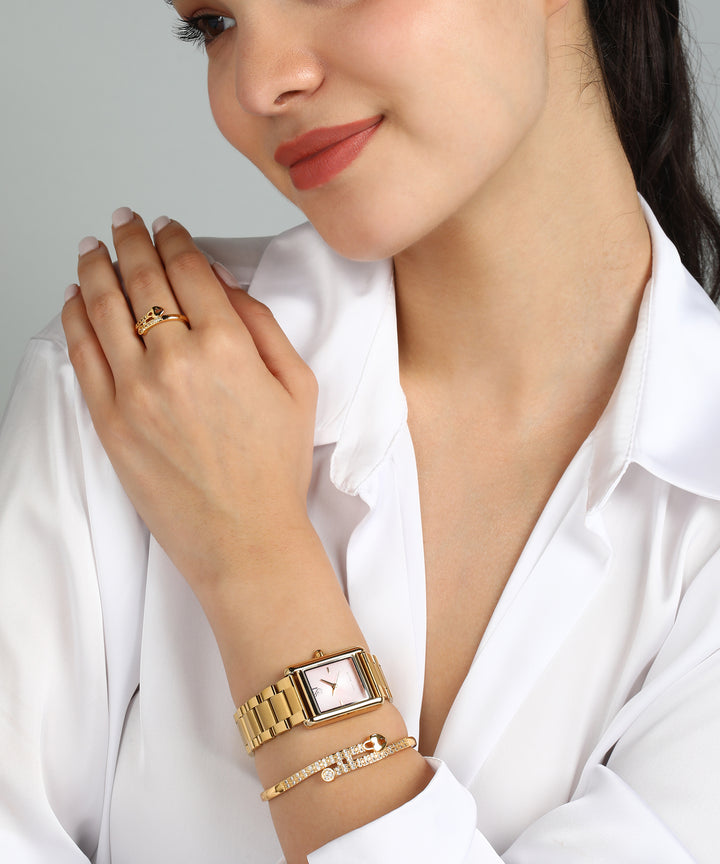 Sansi Mayo Women’s Watch, Bangle & Ring Gift Set — Gold Stainless Steel with Light Pink Dial & Crystal Egyptian Stone