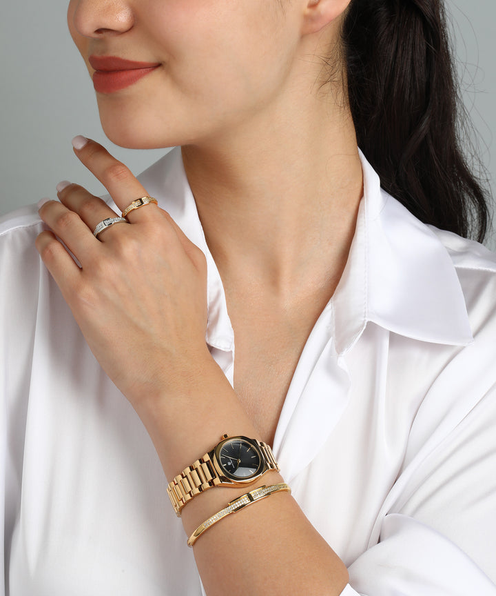 Sansi Mayo Women’s Watch, Bangle & Ring Gift Set — Gold Stainless Steel with Blue Dial & Crystal Egyptian Stone