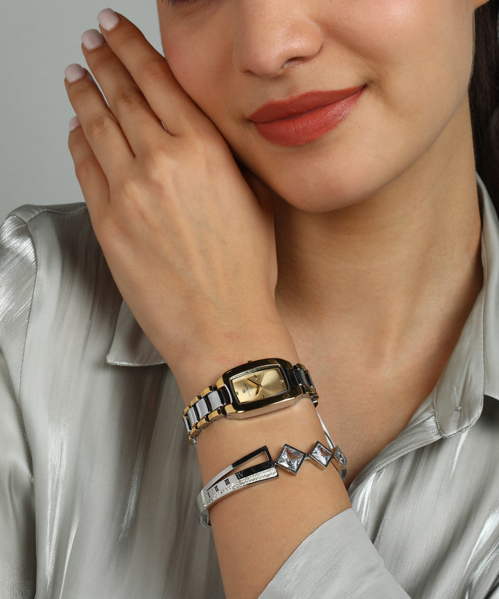 Sansimayo Women’s Rectangle Gold Dial Watch with 2 Bracelet Set – Two Tone Silver Gold