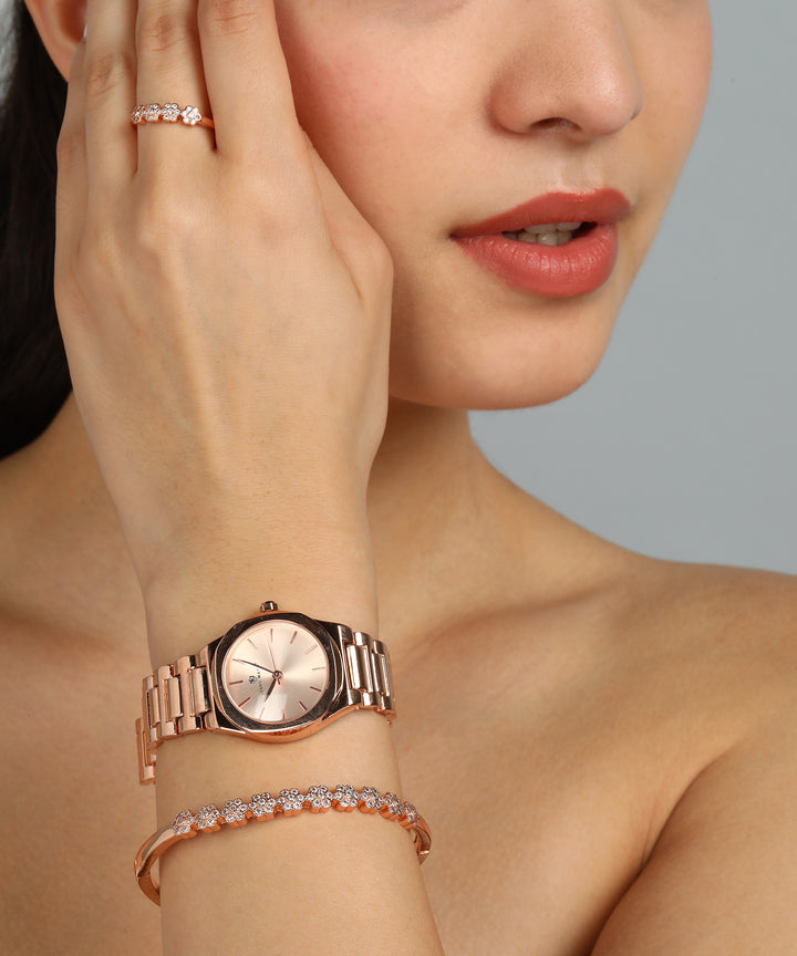 Sansi Mayo Women’s Watch, Bangle & Ring Gift Set — Rose Gold Round Dial with Crystal Egyptian Stone