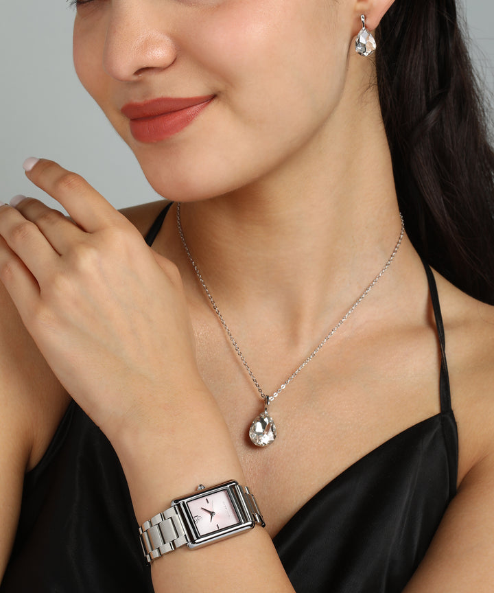 Sansi Mayo Women’s Watch & Jewellery Gift Set — Silver with Light Pink Dial & Egyptian Stone