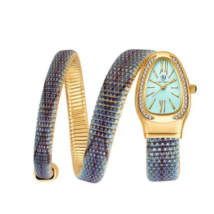 Koil Snake Two-Tone Gold Black Blue Bracelet Watch — Sky Blue Dial | Sansi Mayo