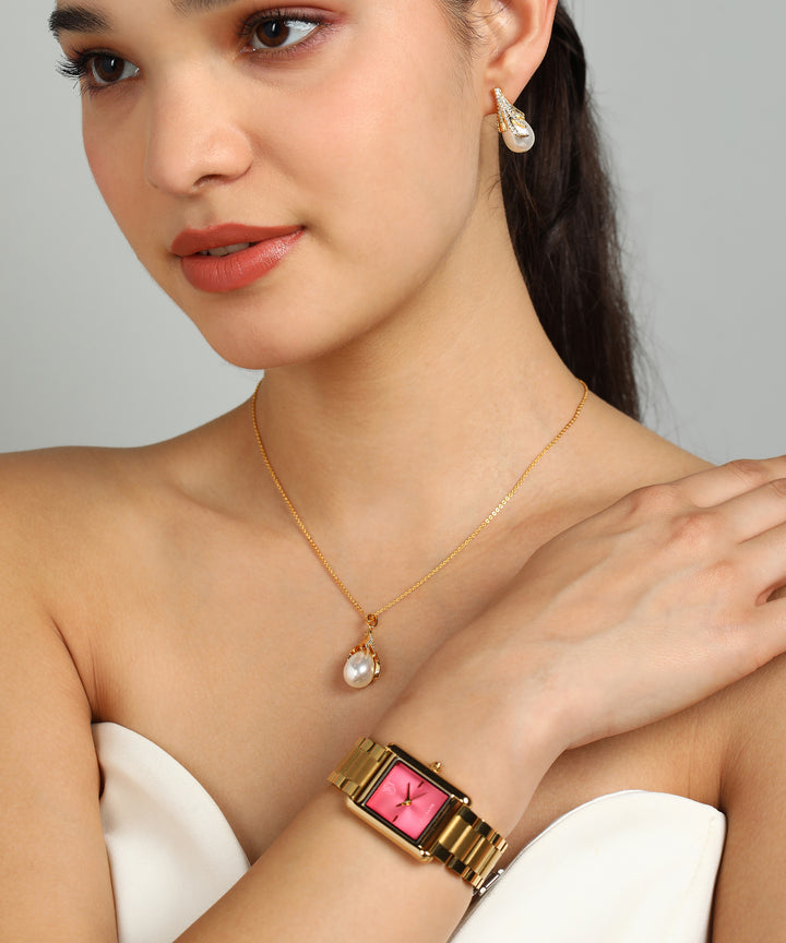 Sansi Mayo Women’s Watch & Jewellery Gift Set — Gold with Dark Pink Dial & Crystal Egyptian Stone