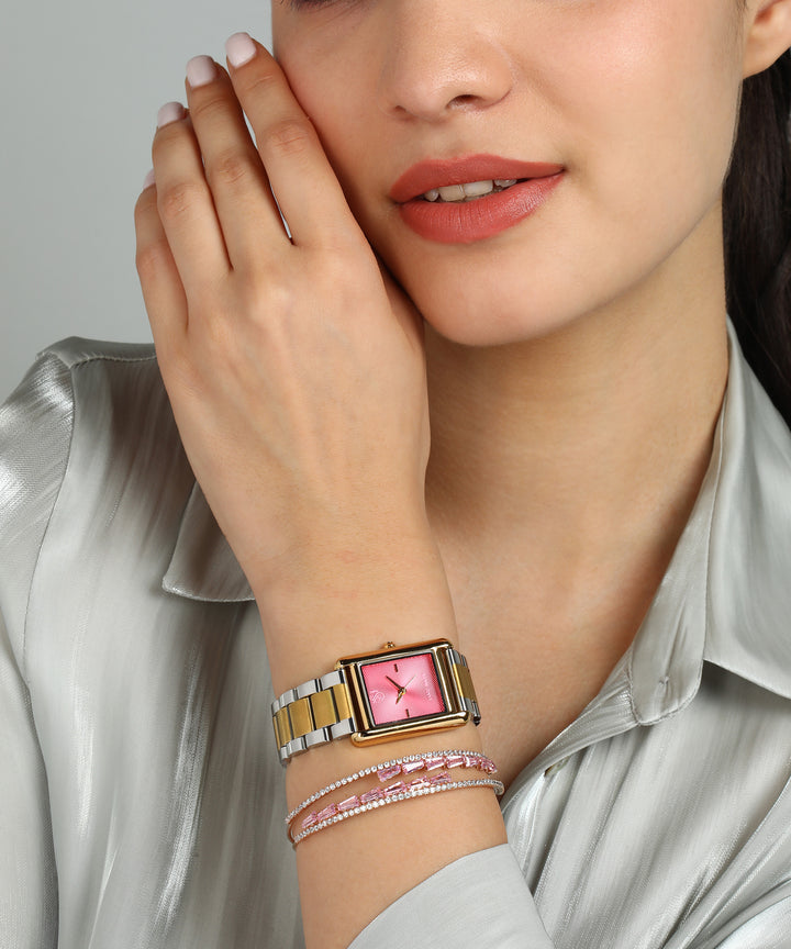Sansimayo Women’s Dark Pink Dial Watch with Bracelet – Two Tone Gold Edition