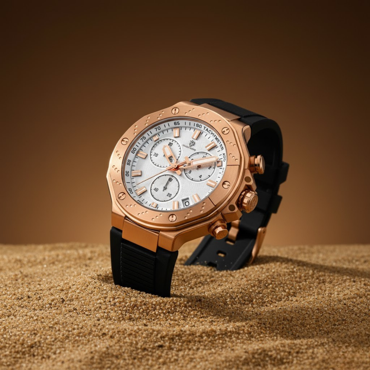 Romano White Dial Watch — Rose Gold Case, Black Silicone Strap for Men