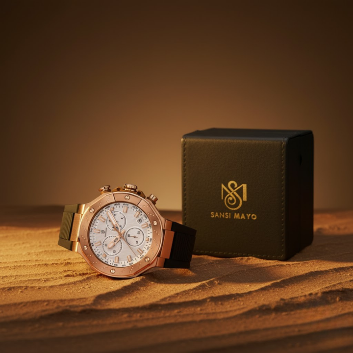 Romano White Dial Watch — Rose Gold Case, Black Silicone Strap for Men