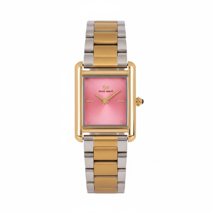 Sansimayo Women’s Dark Pink Dial Watch with Bracelet – Two Tone Gold Edition