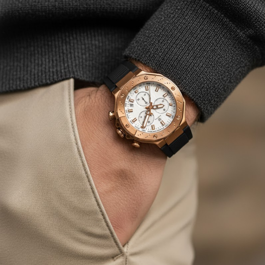 Romano White Dial Watch — Rose Gold Case, Black Silicone Strap for Men