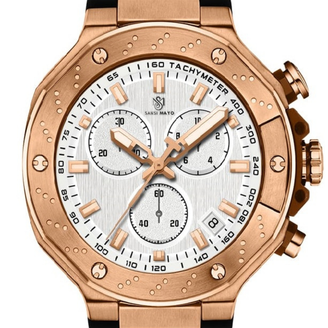 Romano White Dial Watch — Rose Gold Case, Black Silicone Strap for Men
