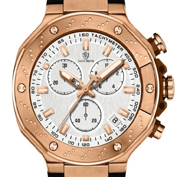 Romano White Dial Watch — Rose Gold Case, Black Silicone Strap for Men