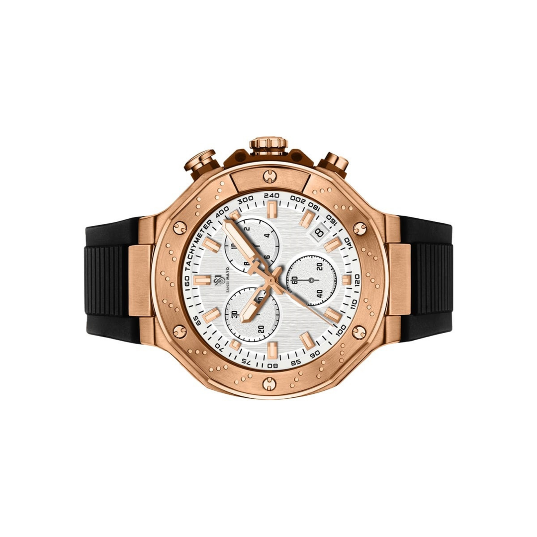 Romano White Dial Watch — Rose Gold Case, Black Silicone Strap for Men