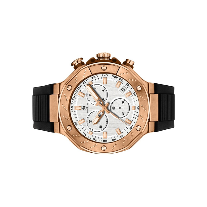 Romano White Dial Watch — Rose Gold Case, Black Silicone Strap for Men
