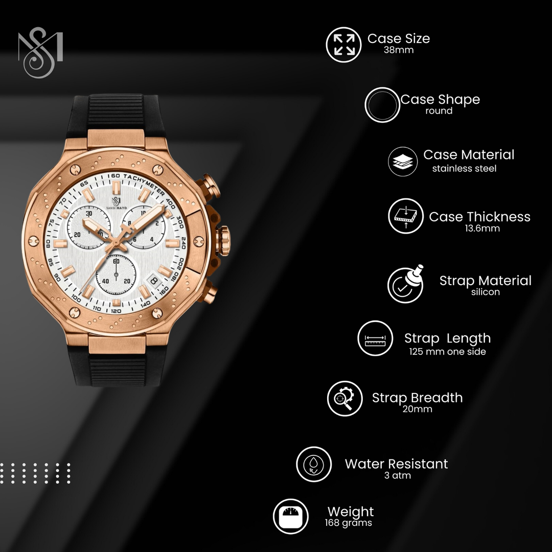 Romano White Dial Watch — Rose Gold Case, Black Silicone Strap for Men