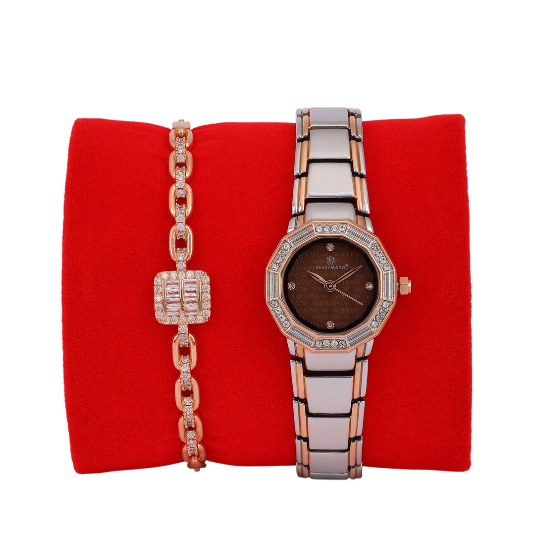 Sansimayo Women’s Blue Dial Watch with Bracelet – Two Tone Silver Rose Gold Edition