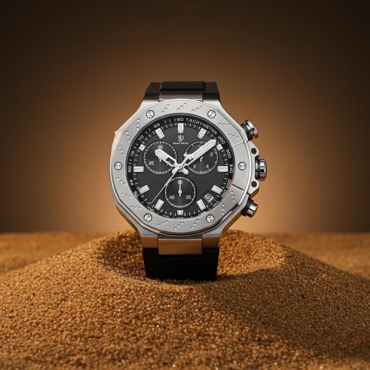 Romano Black Dial Men’s Watch — Silver Case with Black Silicone Strap