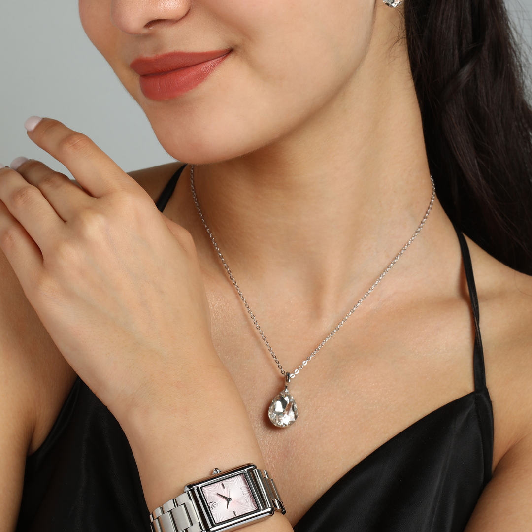 Sansi Mayo Women’s Watch & Jewellery Gift Set — Silver with Light Pink Dial & Egyptian Stone