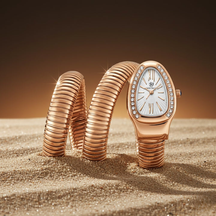 Snake 2.0 Rose Gold Coil Bracelet Watch — White Dial | Sansi Mayo