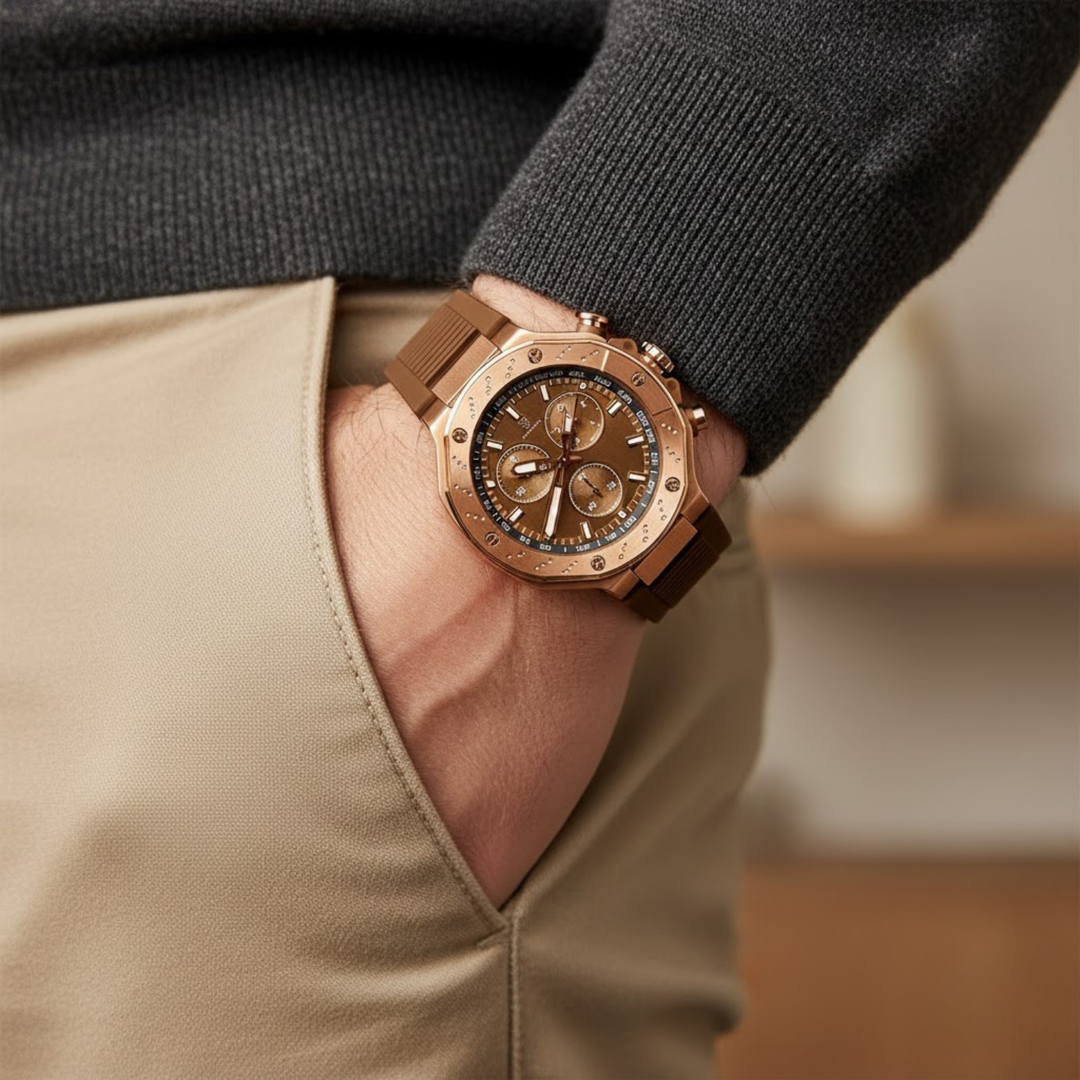 Romano Brown Dial Watch — Rose Gold Case & Brown Strap for Men