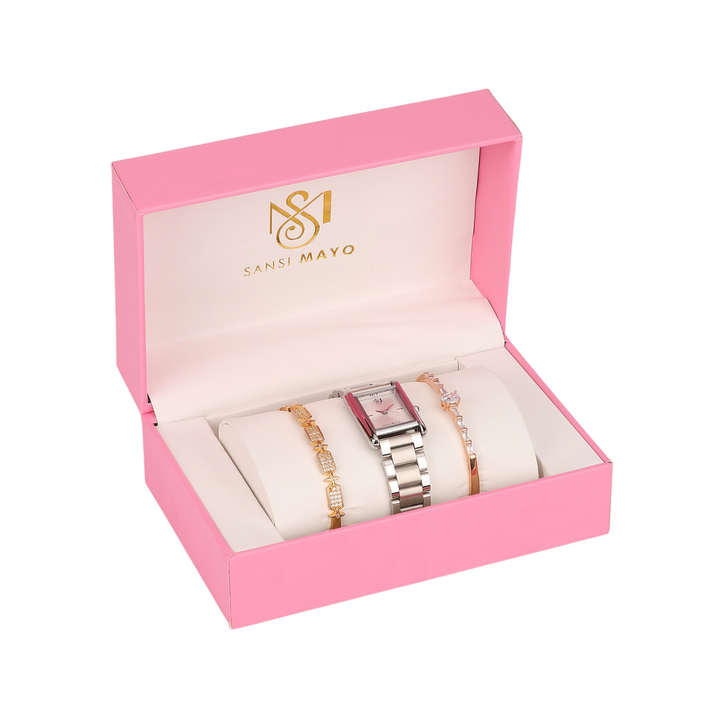 Sansimayo Women’s Grey Dial Watch with 2 Bracelets – Silver Edition