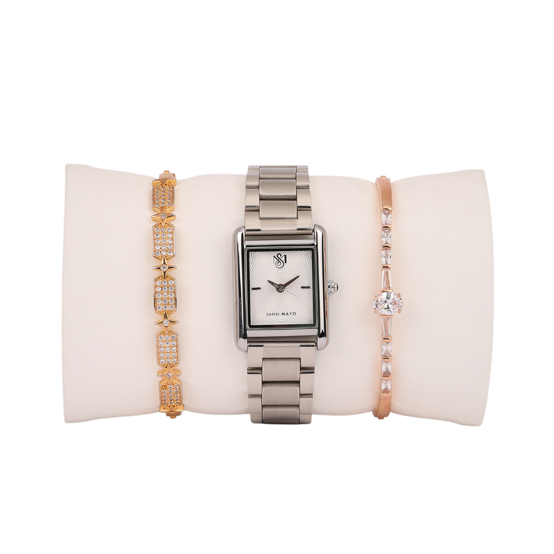 Sansimayo Women’s Grey Dial Watch with 2 Bracelets – Silver Edition