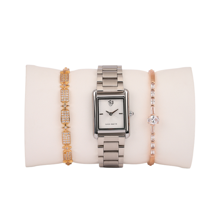 Sansimayo Women’s Grey Dial Watch with 2 Bracelets – Silver Edition