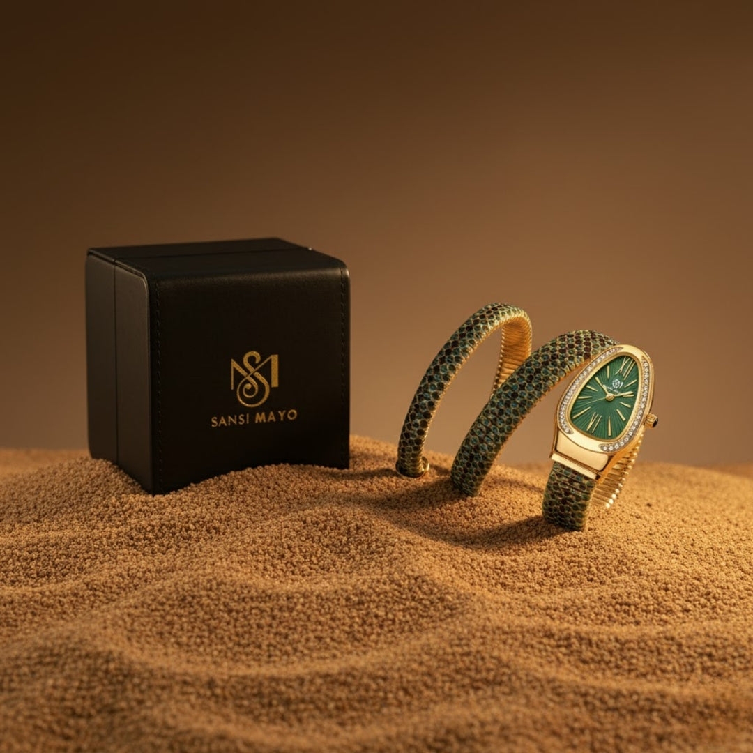 Koil Snake Two-Tone Gold Green Black Bracelet Watch — Green Dial | Sansi Mayo