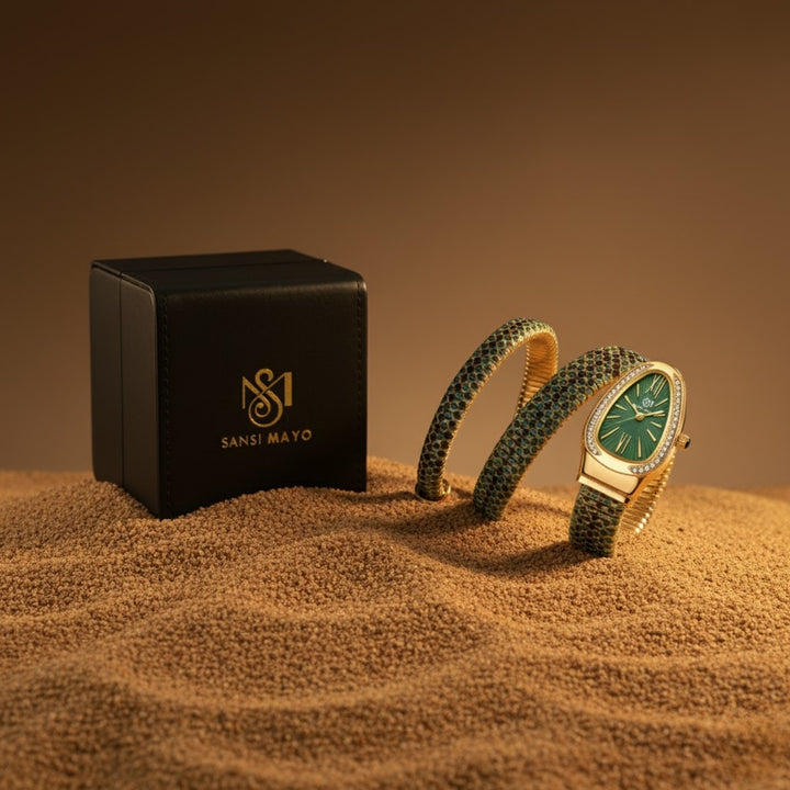 Koil Snake Two-Tone Gold Green Black Bracelet Watch — Green Dial | Sansi Mayo