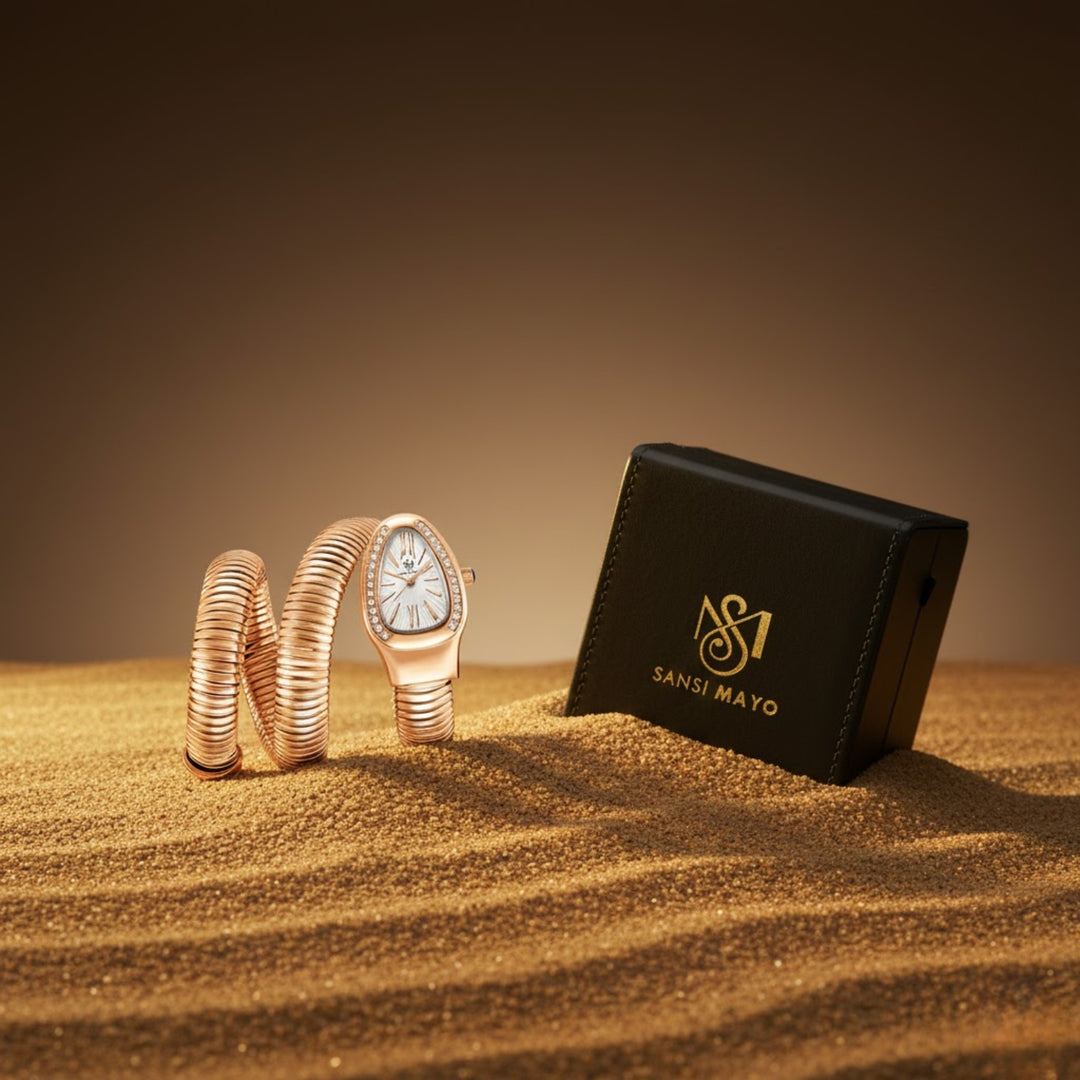 Snake 2.0 Rose Gold Coil Bracelet Watch — White Dial | Sansi Mayo
