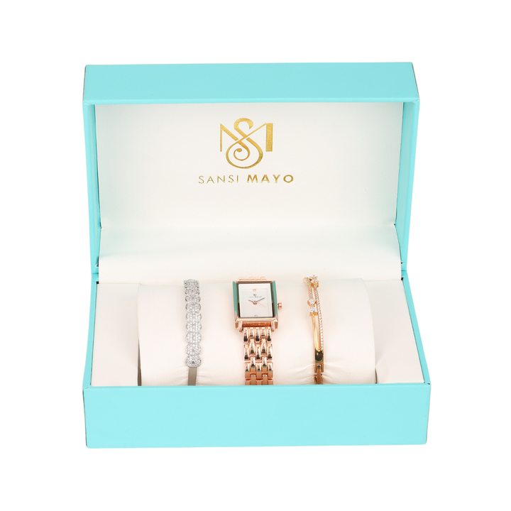 Sansimayo Women’s White Dial Watch with 2 Bracelets – Rose Gold Edition