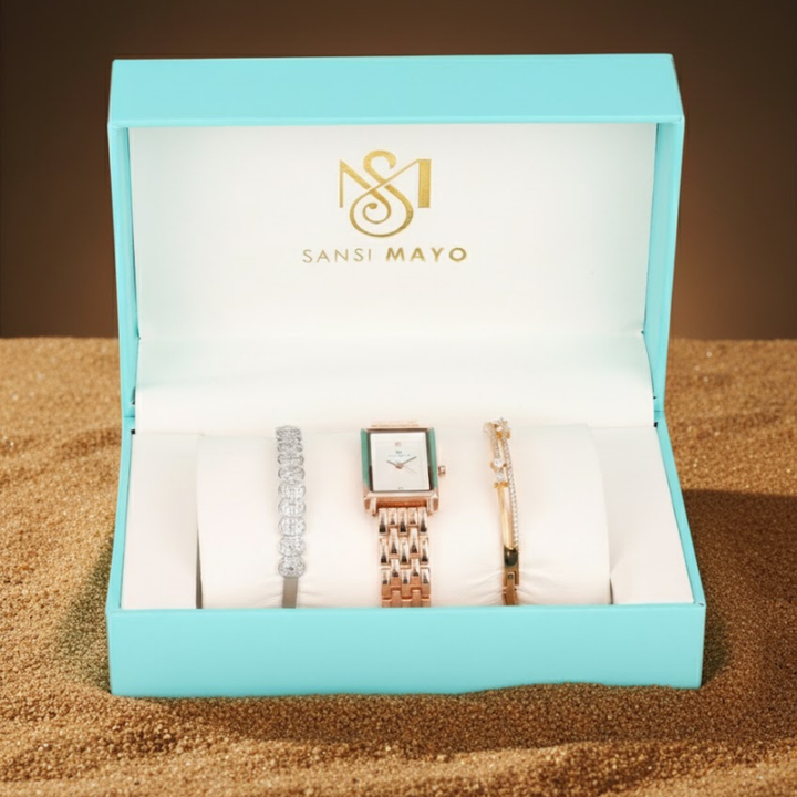 Sansimayo Women’s White Dial Watch with 2 Bracelets – Rose Gold Edition
