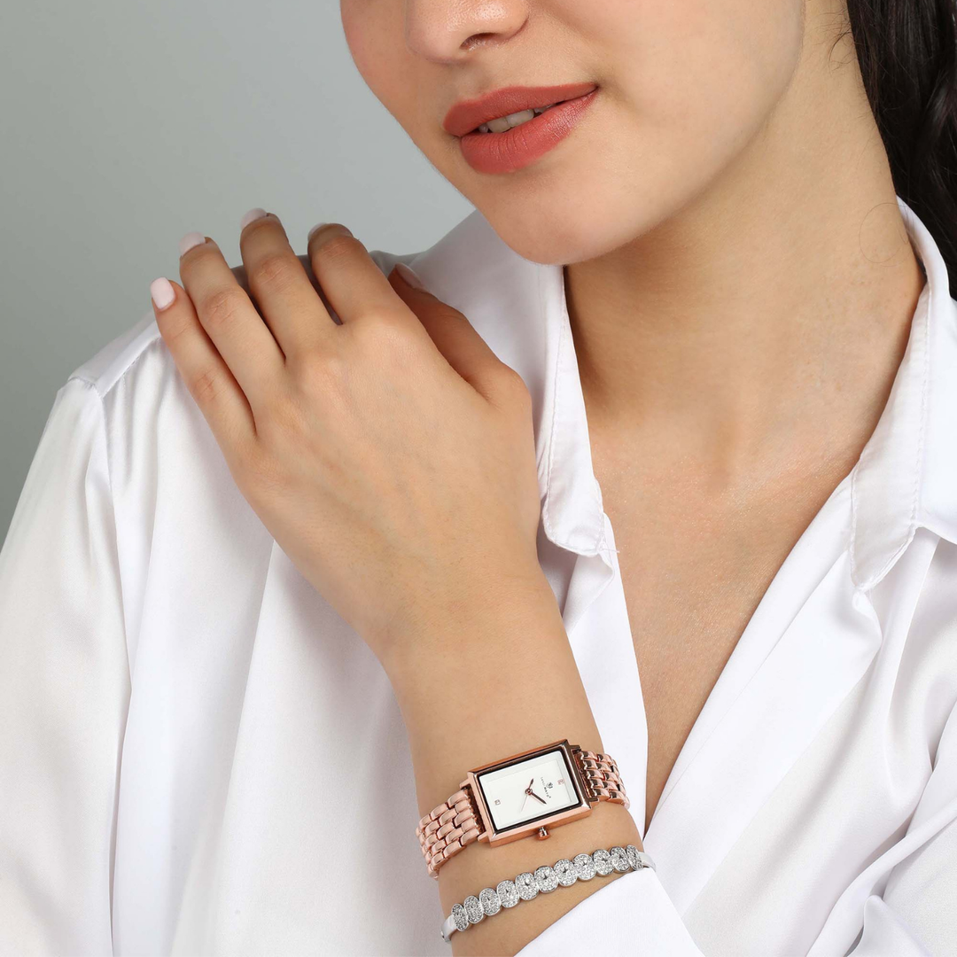 Sansimayo Women’s White Dial Watch with 2 Bracelets – Rose Gold Edition