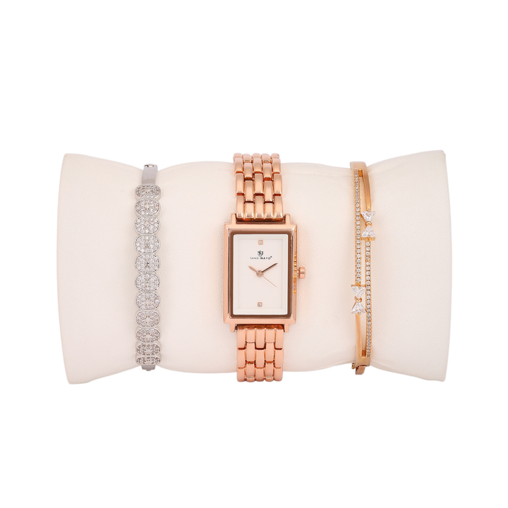Sansimayo Women’s White Dial Watch with 2 Bracelets – Rose Gold Edition