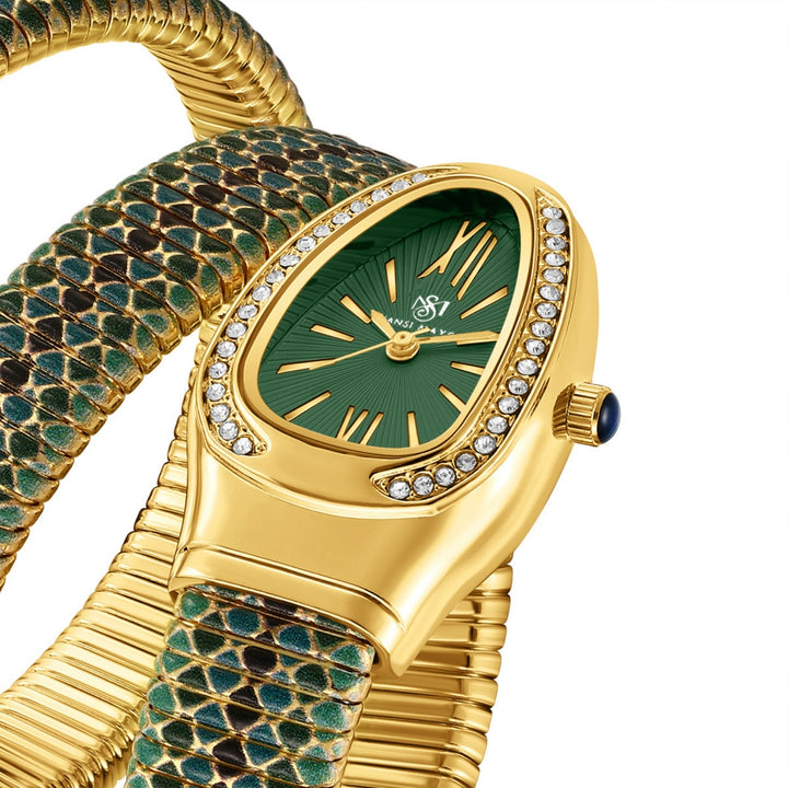 Koil Snake Two-Tone Gold Green Black Bracelet Watch — Green Dial | Sansi Mayo