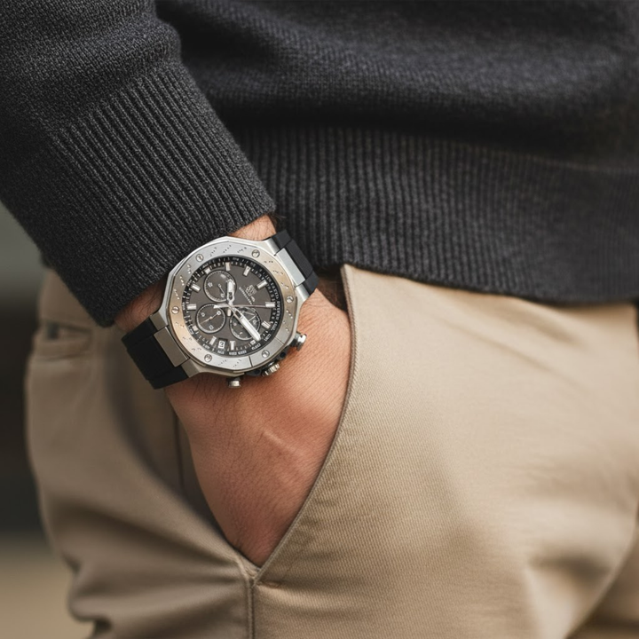 Romano Black Dial Men’s Watch — Silver Case with Black Silicone Strap