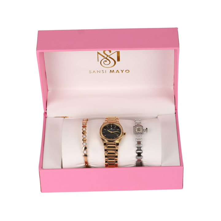 Sansimayo Women’s Blue Dial Watch with 2 Bracelets – Gold Edition