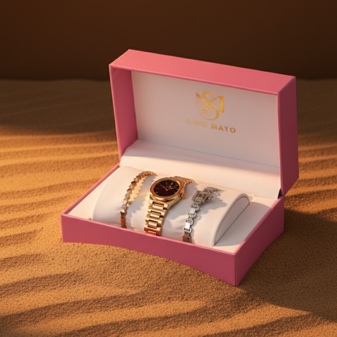 Sansimayo Women’s Blue Dial Watch with 2 Bracelets – Gold Edition