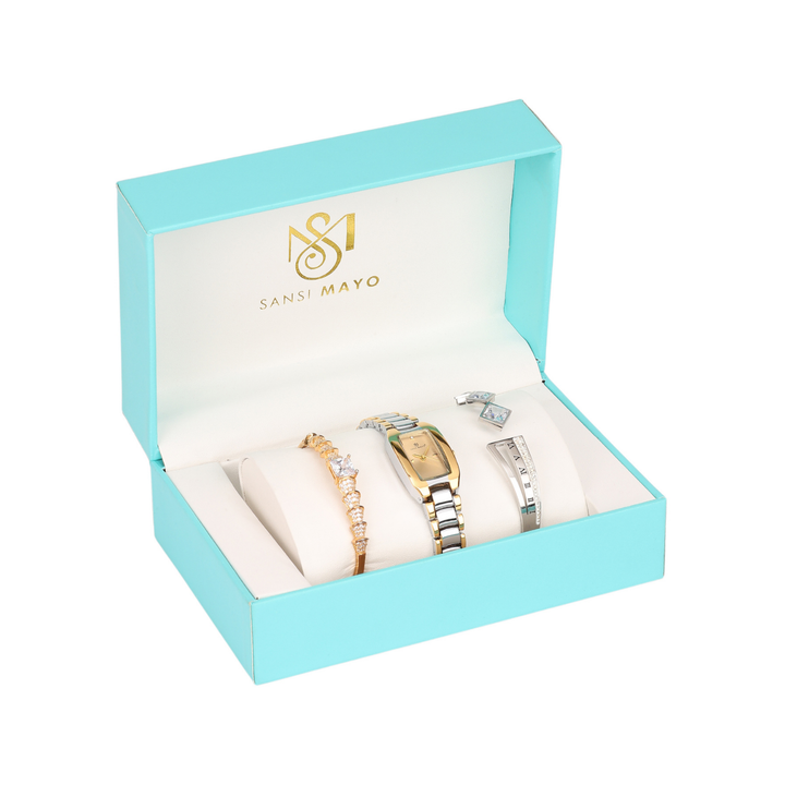 Sansimayo Women’s Rectangle Gold Dial Watch with 2 Bracelet Set – Two Tone Silver Gold