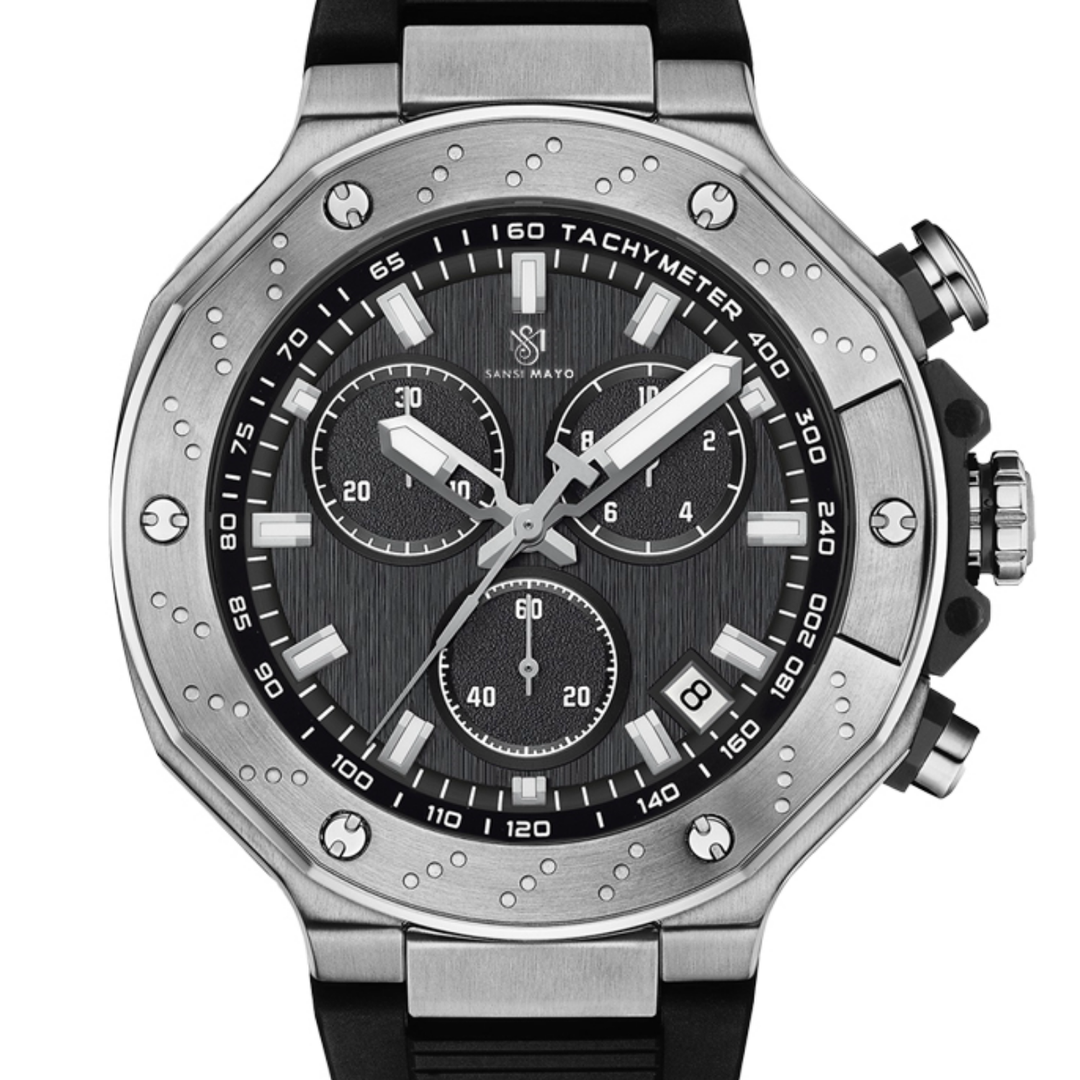 Romano Black Dial Men’s Watch — Silver Case with Black Silicone Strap