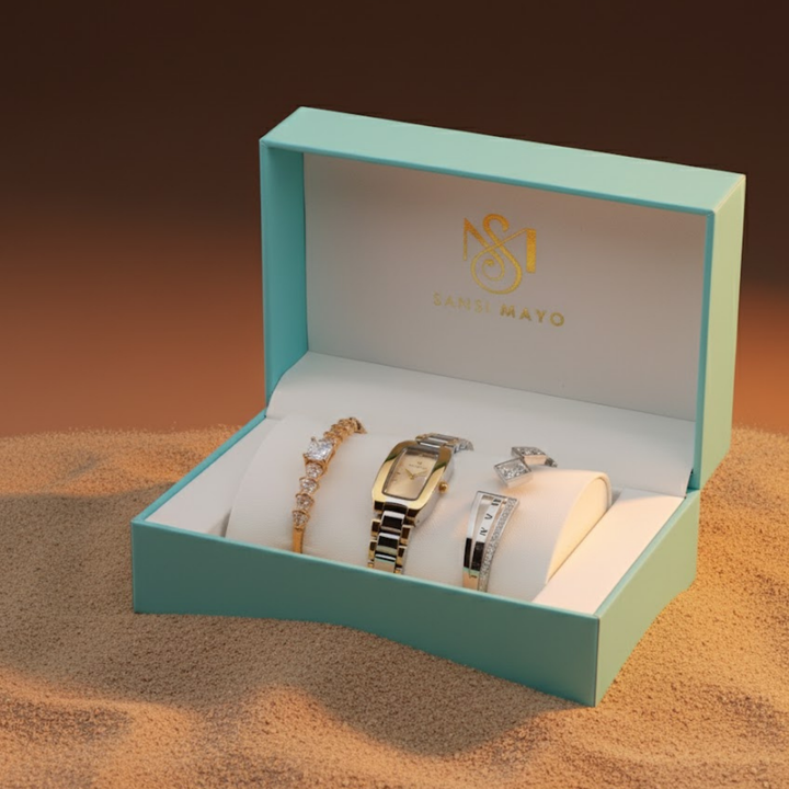 Sansimayo Women’s Rectangle Gold Dial Watch with 2 Bracelet Set – Two Tone Silver Gold