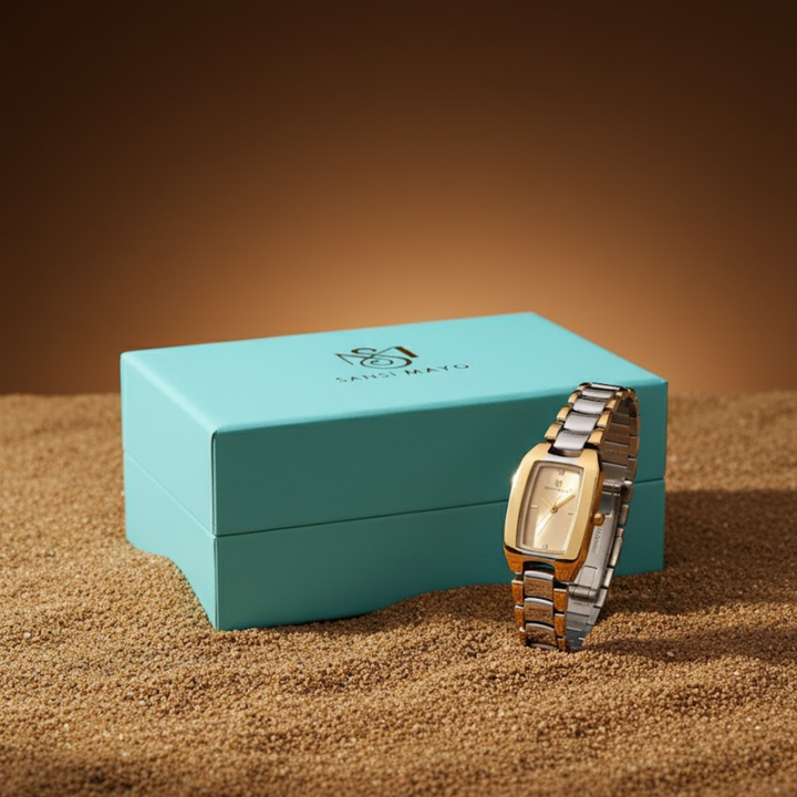 Sansimayo Women’s Rectangle Gold Dial Watch with 2 Bracelet Set – Two Tone Silver Gold