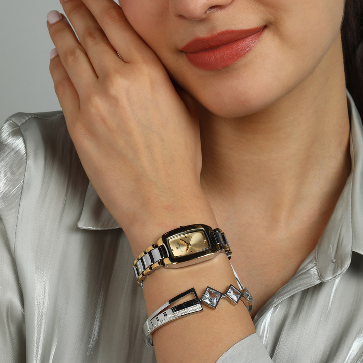 Sansimayo Women’s Rectangle Gold Dial Watch with 2 Bracelet Set – Two Tone Silver Gold