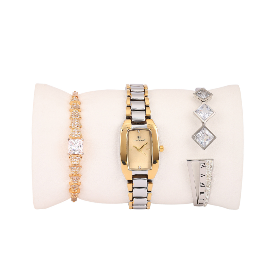 Sansimayo Women’s Rectangle Gold Dial Watch with 2 Bracelet Set – Two Tone Silver Gold