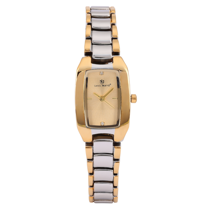 Sansimayo Women’s Rectangle Gold Dial Watch with 2 Bracelet Set – Two Tone Silver Gold