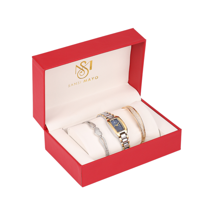 Sansimayo Women’s Rectangle Blue Dial Watch with 2 Bracelet Set – Two Tone Silver Gold